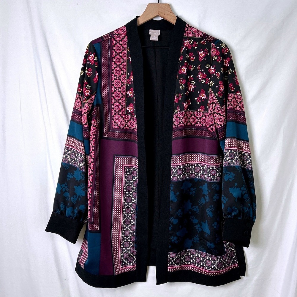 Chicos Womans Kimono Bohemian Patchwork Floral Black Purple Size M/8 Artsy Layer